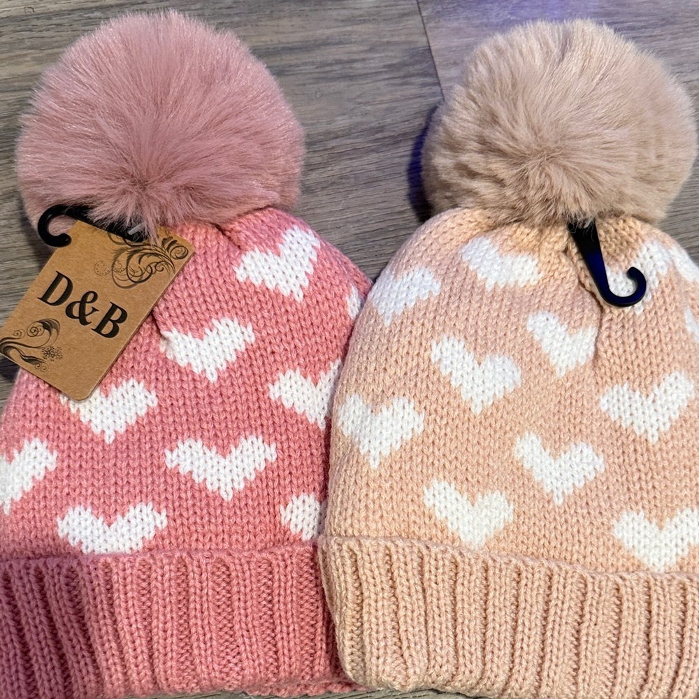 Kids Heart Beanie Set - Pink and Cream